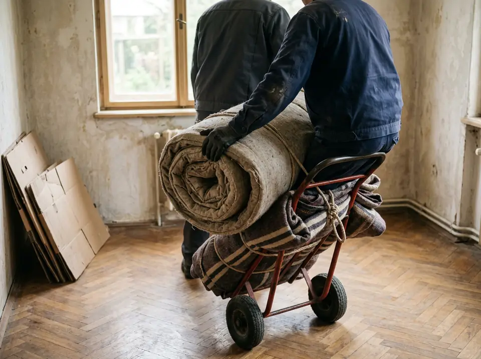 Kesztyűs kéz feltekert matracot és összekötött takarókat emel kézikocsira egy kiürített szobában